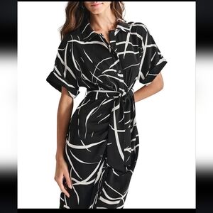 DKNYPrinted Collar Neck Short Sleeve Button Down Tie Front Midi Dress